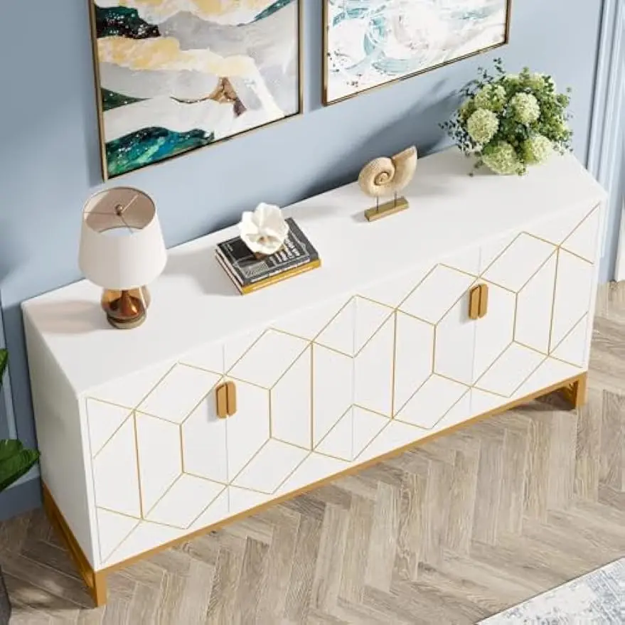 Storage Cabinet with Storage Shelves for Living Room, Modern Sideboard Buffets Cabinets Coffee Bar, White