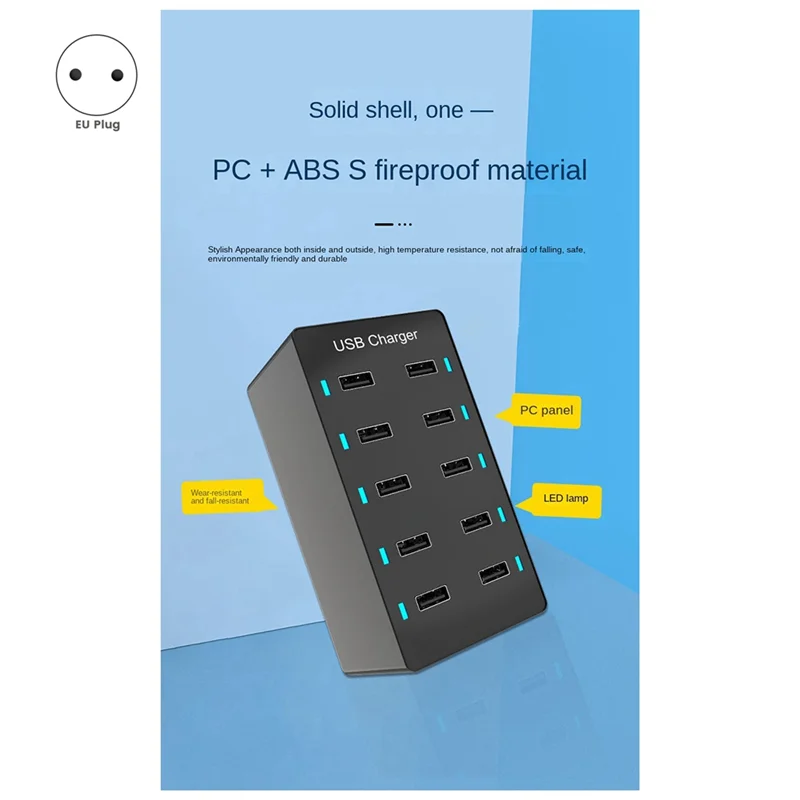 Pengisi daya Cepat USB Multiport 50W Hub pengisi daya isi daya 10 Port Charger pengisian cepat Desktop Dock Charger warna hitam