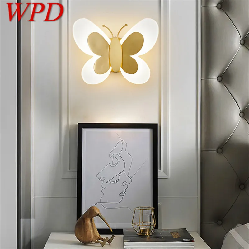 WPD  Indoor Gold Copper Butterfly Bedside Lighting LED 3 Colors Lifelike Creative Wall Lamp for Home Living Room Decor