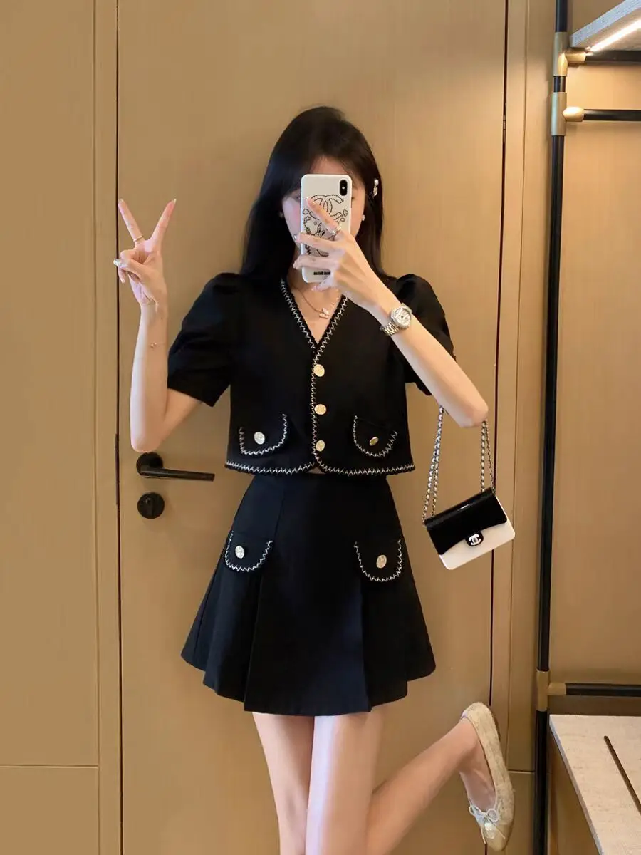 Korean Fashion Short Sleeve Coat Blazer Suit 2 Piece Outfit Women Short Crop Tops Jacket High Waist Mini Skirt Sets Office Lady