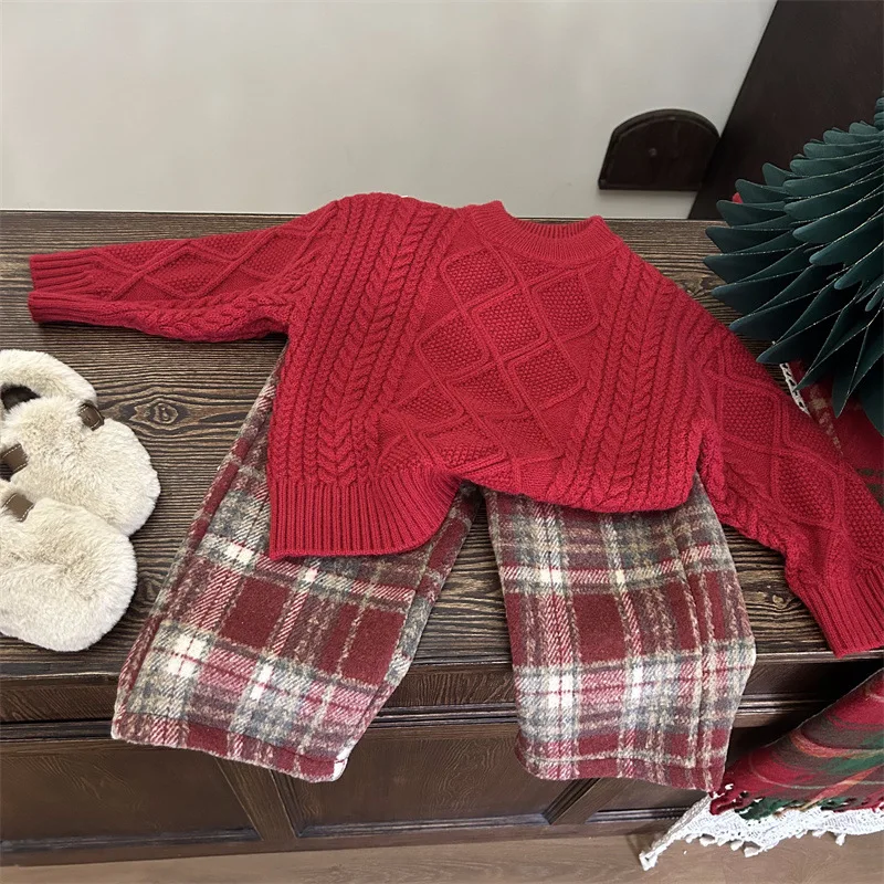 

Children's Clothing New Winter Girls' Set Christmas New Year Diamond Grid Knitted Sweater+Red Plaid Trousers