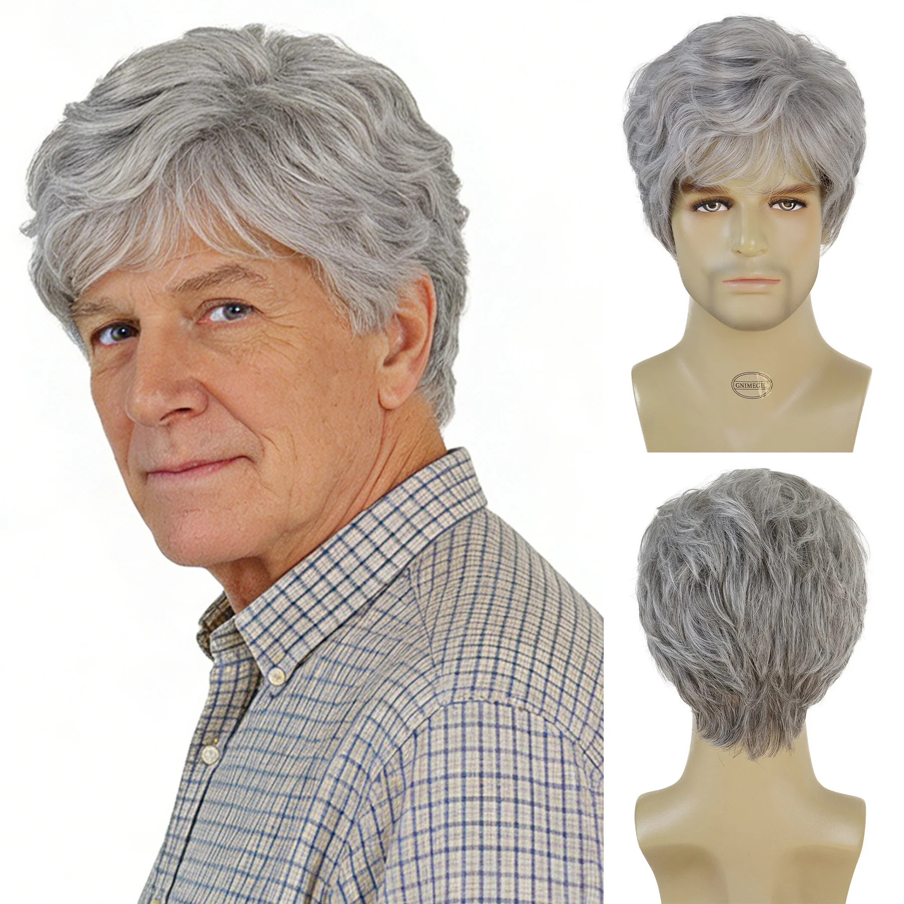 

GNIMEGIL Синтетический короткий парик из натуральных волнистых волос с челкой, серый парик для мужчин, мужской парик для пожилых людей, костюм дедушки, повседневные парики для косплея