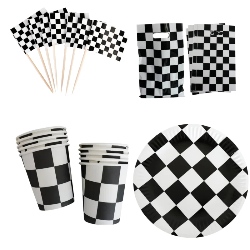 24 Adornos para Pastel con Diseño de Bandera de Carreras a Cuadros y 10 Vasos de Papel Negros y Blancos con Diseño de Coche de Carreras, Decoración para Fiesta de Cumpleaños con Temática de Carreras