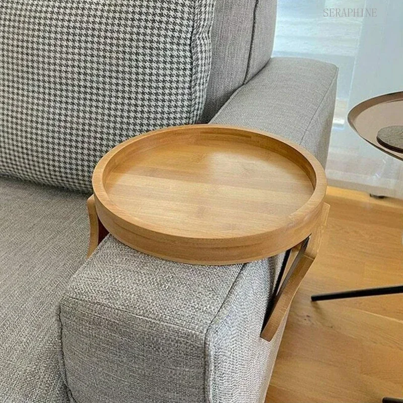 Tray Remote Drinks Cup Bowl Phone Dessert Wood Tea Holder Natural Armrest Bamboo Sofa Tray Side Tables Clip-on Round