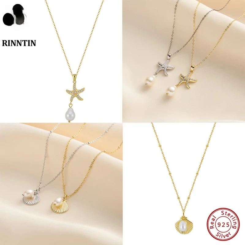 جديد الذهبي المختنق المرأة شل قلادة قلادة لؤلؤ المياه العذبة الطبيعية 925 الفضة نجم البحر شل مكتنزة القلائد #2