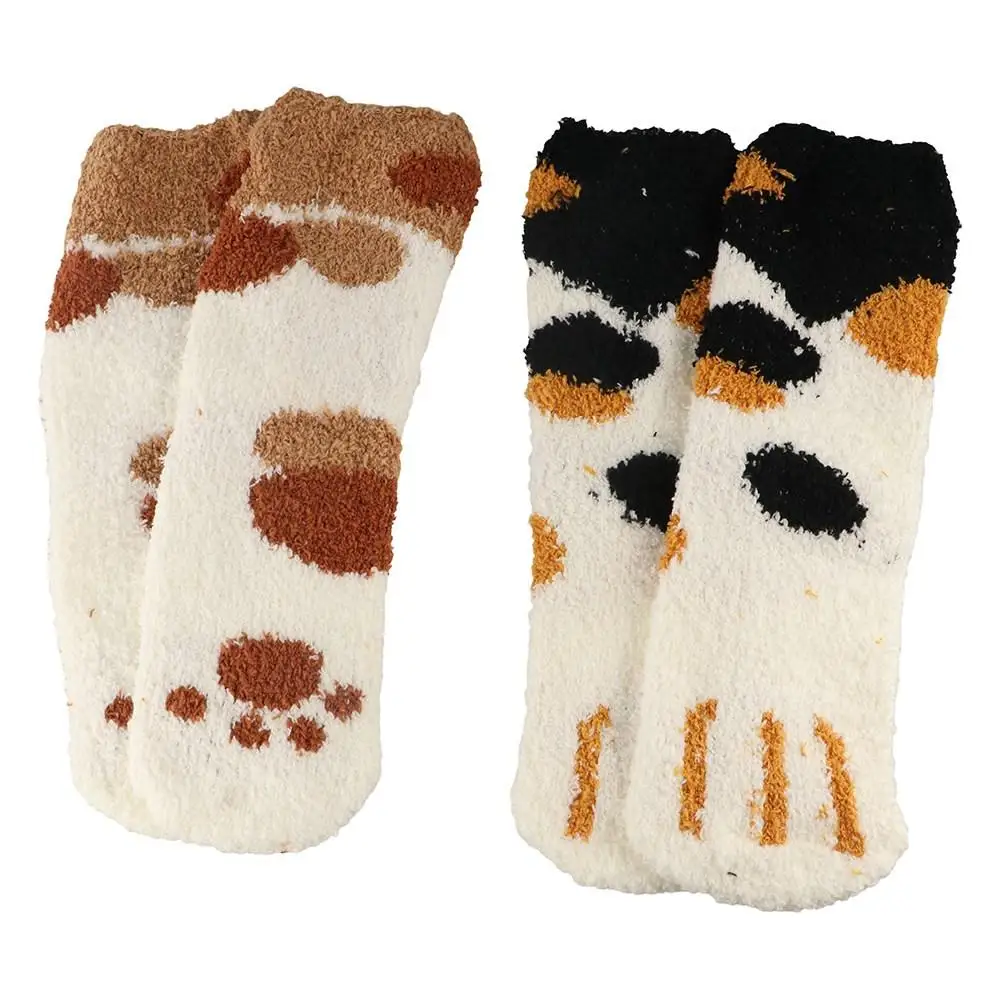 1 Pair Warm Animal Fingers Cat Paw Winter Socks Coral Fleece Thicken Coral Fleece Warm Sock Soft Cat Paw Sleeping Socks Women