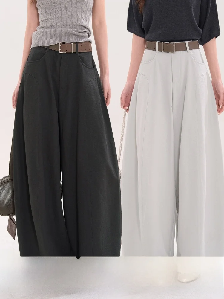 

Heme Casual Loose Wide Leg Pants Women Simple High Waist Zipper Nylon Cotton Rayon Straight Cut Spring Summer Fashion