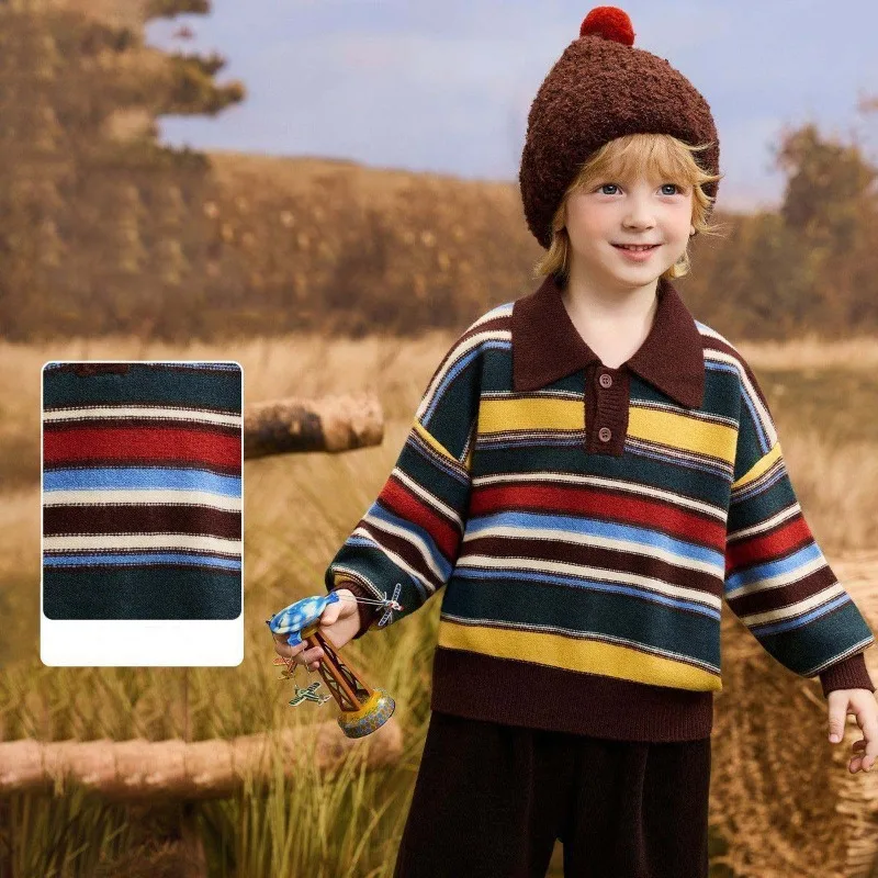 Herbst Kinder Jungen Gestreifter Pullover Retro Umlegekragen Junior Jungen Strickwaren Vintage 4-10 Jahre Kinder Jungen Langarm Pullover – Detail 1