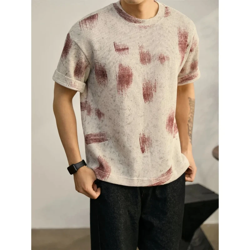 

Urban Casual Knit T-Shirt With Hand Painted Pattern Soft Comfortable Daily Wear Men's Short Sleeve Round Neck Top