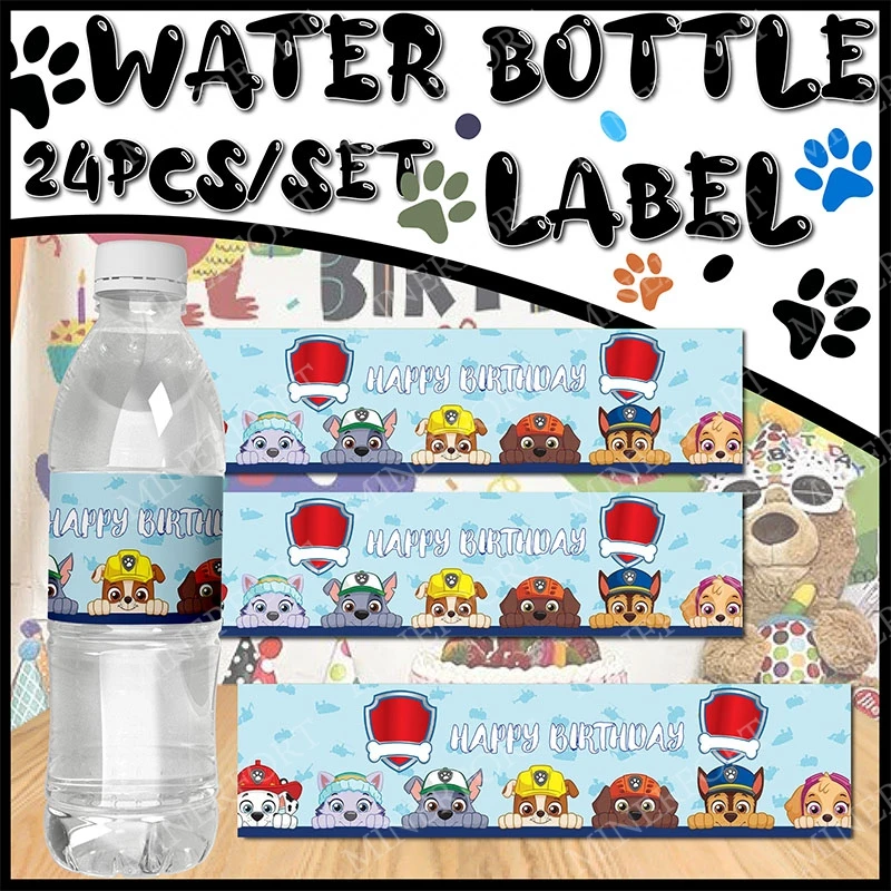 Etiqueta de botella de agua de la patrulla canina, pegatinas autoadhesivas bonitas, decoración desechable de Color brillante, suministros para fiesta de cumpleaños para niños y niñas