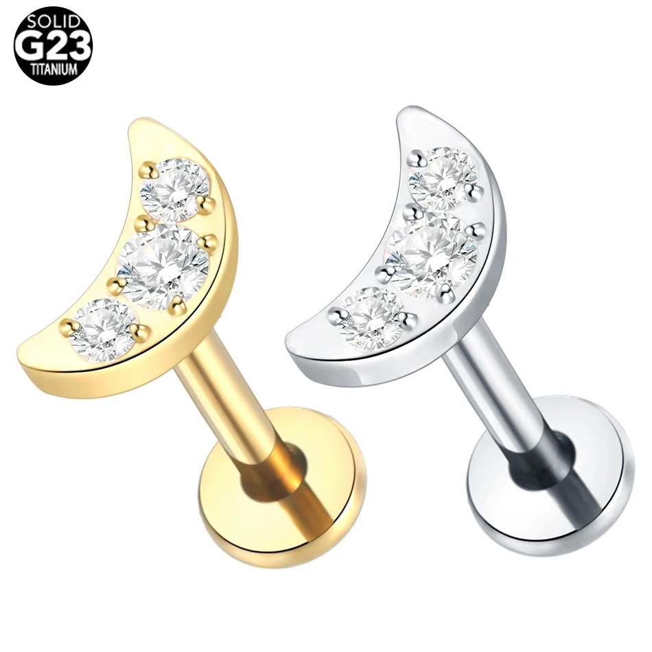 

ASTM F136 Titanium CZ Crystal Paved Moon Ear Piercing Cartilage Earring Helix Tragus Labret Lip Piercing Lobe Stud Body Jewelry