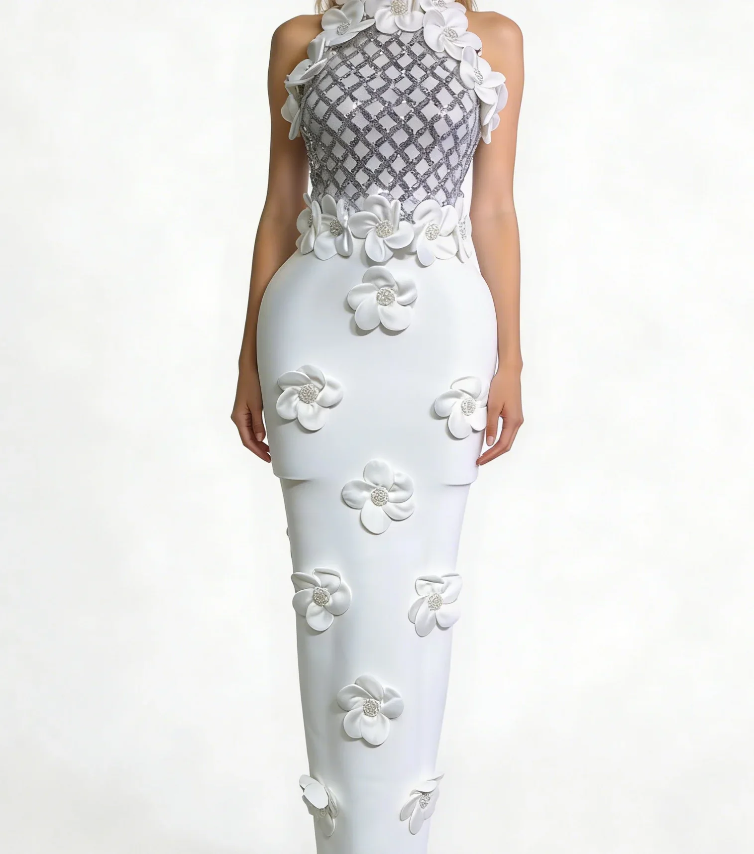 Neckholder-Kleid mit Blumenapplikationen, figurbetontes Midikleid, formelles Abendkleid mit Pailletten für Hochzeitsgäste, Abschlussball, Geburtstag