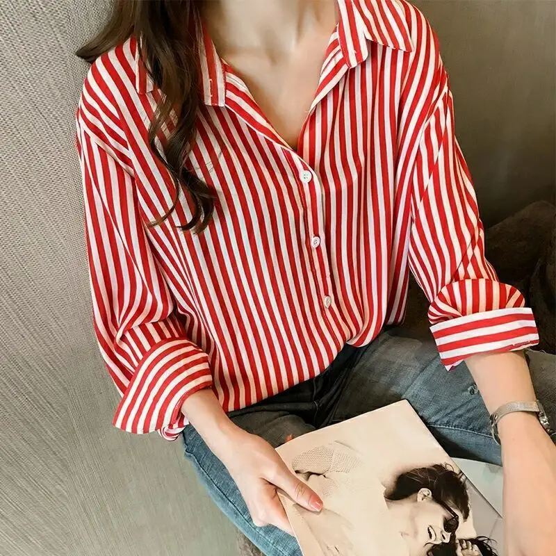 

Spring New Slip Off Shoulder Striped Shirt Tops Long Sleeve Loose Versatile Blouses Korean Style Fashion Women Clothing