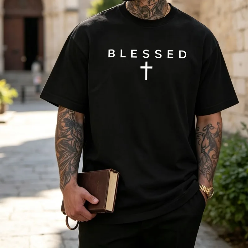 BLESSED Cross Men’s Minimal Faith Graphic T-Shirt Soft Modal Casual Tee for Christian Believer Church Holiday Gift Streetwear