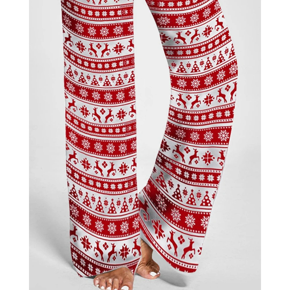 Elk floco de neve feminino estampado com cordão, calça com renda, calça casual de perna larga, roupas de casa, presente de ano novo inverno