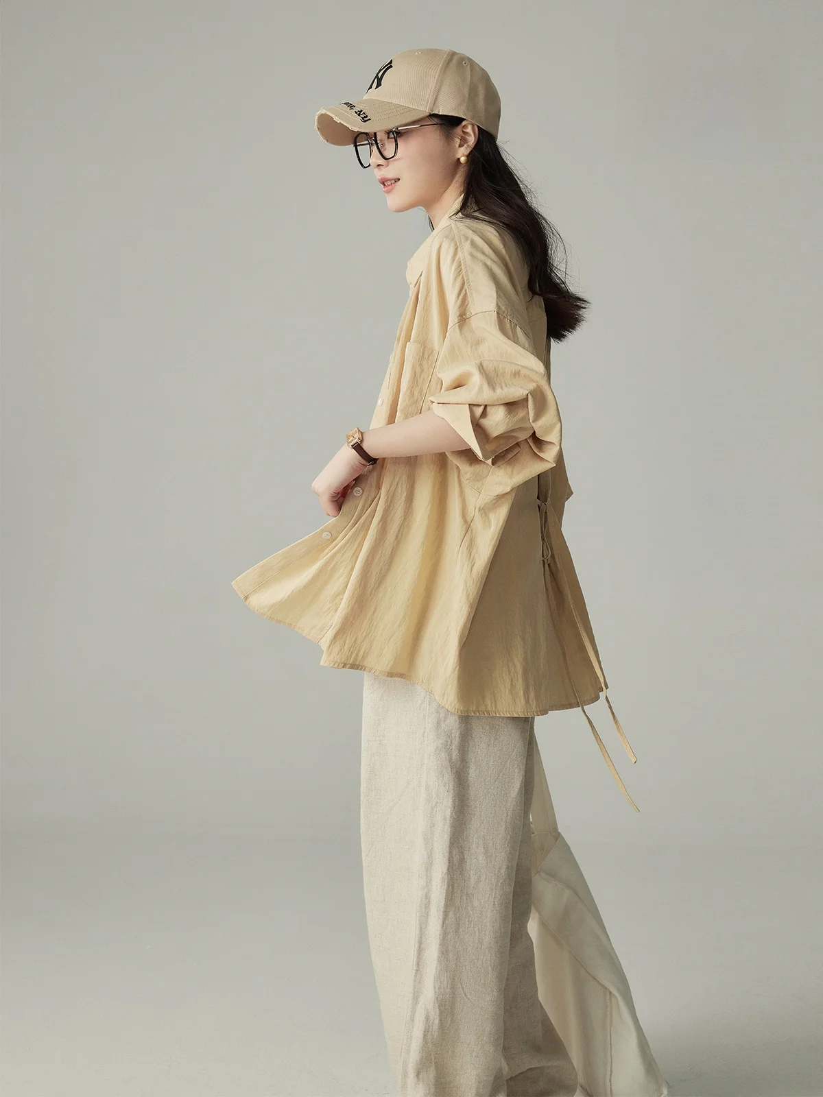 

Yake Home Women's Casual Long Sleeve Shirt Stand Collar Back Tie Spring Summer Loose Shoulder Drop Basic Style Comfortable Top