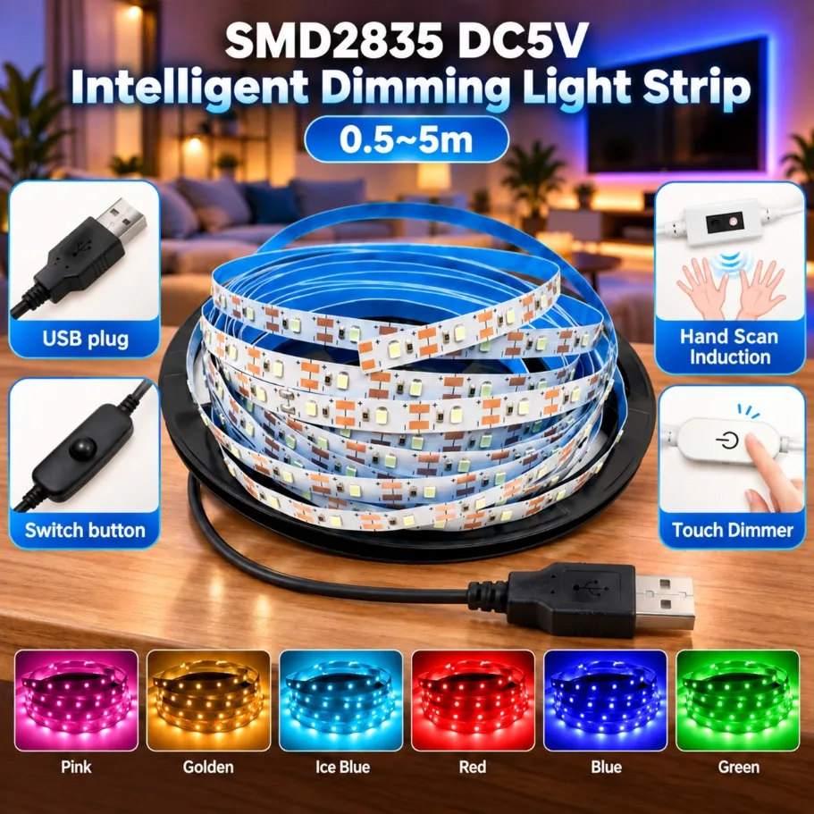 0.5-5m DC5V USB SMD2835 LED Strip Light Hand Scan Induction Touch Dimmable Flexible Tape Lamp Multi Color Home Decor Lighting