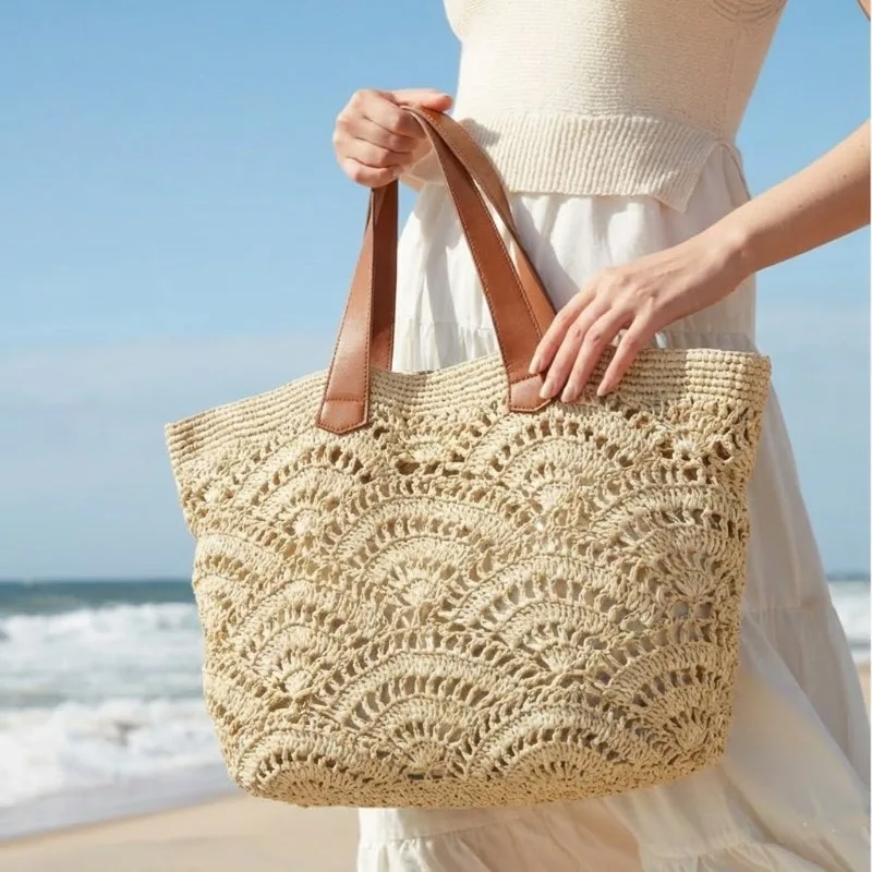 

Новинка 2026: Модная плетеная сумка-тоут из соломки с вырезами для женщин, ручной работы, большая вместимость, для отпуска и пляжа