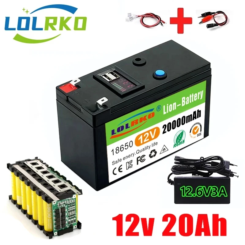 12V Battery 20Ah 18650 lithium battery pack Rechargeable battery for solar energy electric vehicle battery+12.6v3A charger