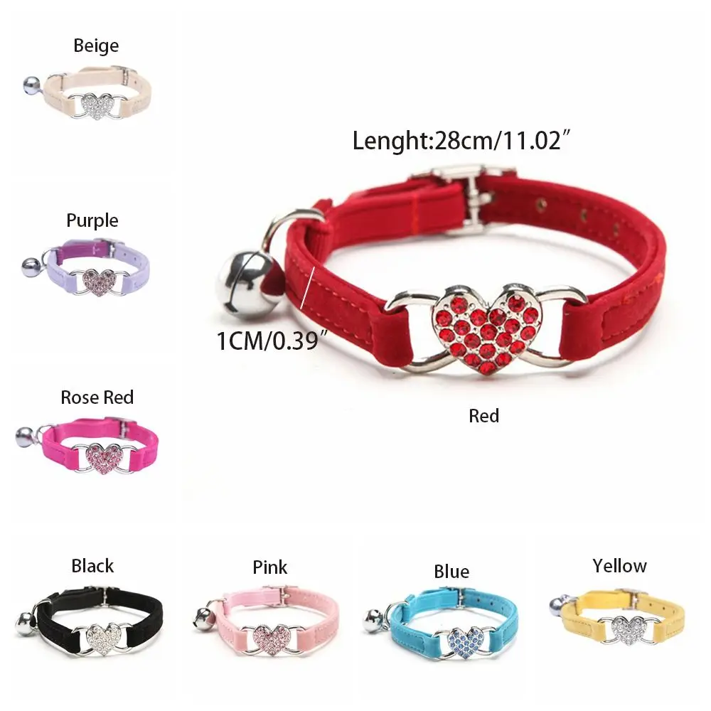 Safety Heart Bell Cat Collar Adjustable Elastic Adjustable Colored Diamonds Cat Collar With Bell Soft Dog Necklace