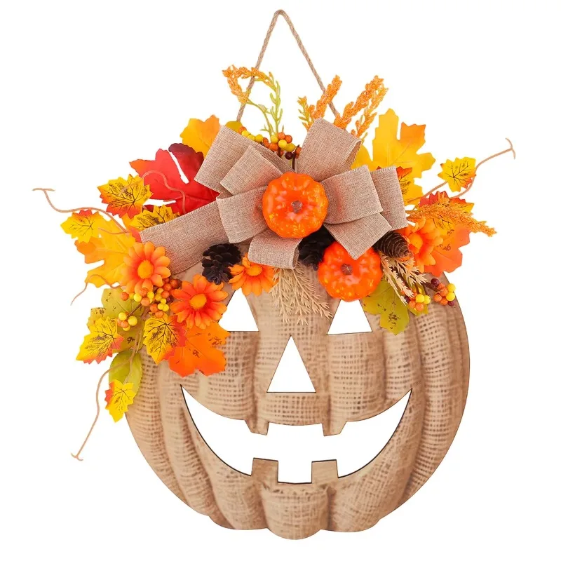 Halloween Thanksgiving Fall Pumpkin Face Door Wreath Artificial Maple  Harvest Ornament Indoor Outdoor Front Door Wall Decor