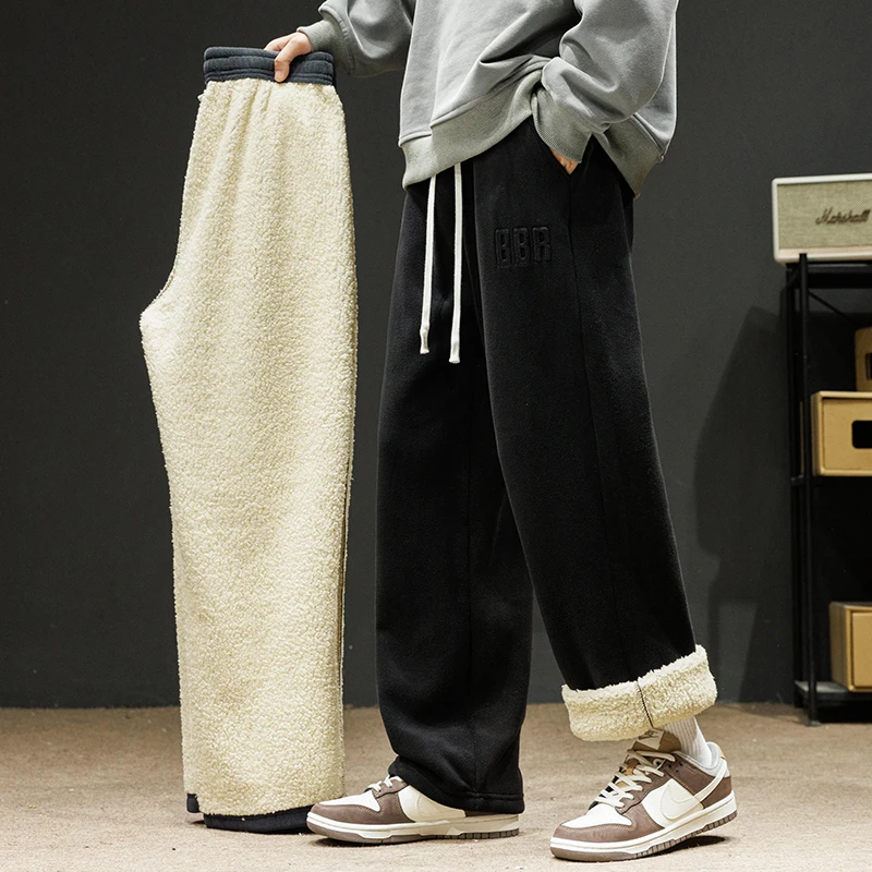 New Men Outdoor Wide Leg Trousers Velvet Lining Sweatpants Neutral  Solid Color Baggy Thickened Winter Fleece Loose Cargo Pants