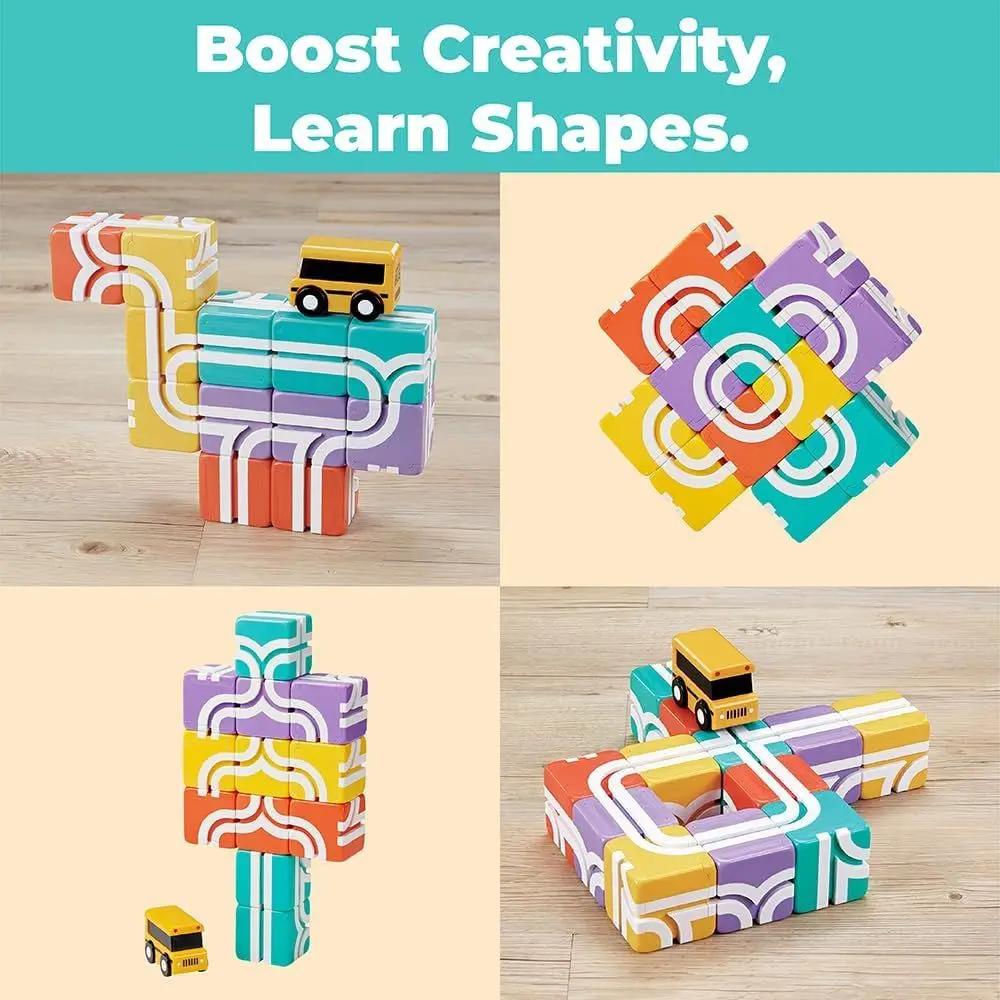 Set di blocchi magnetici 3D per bambini piccoli, ispirazione Montessori, tema scuolabus da 13 pezzi