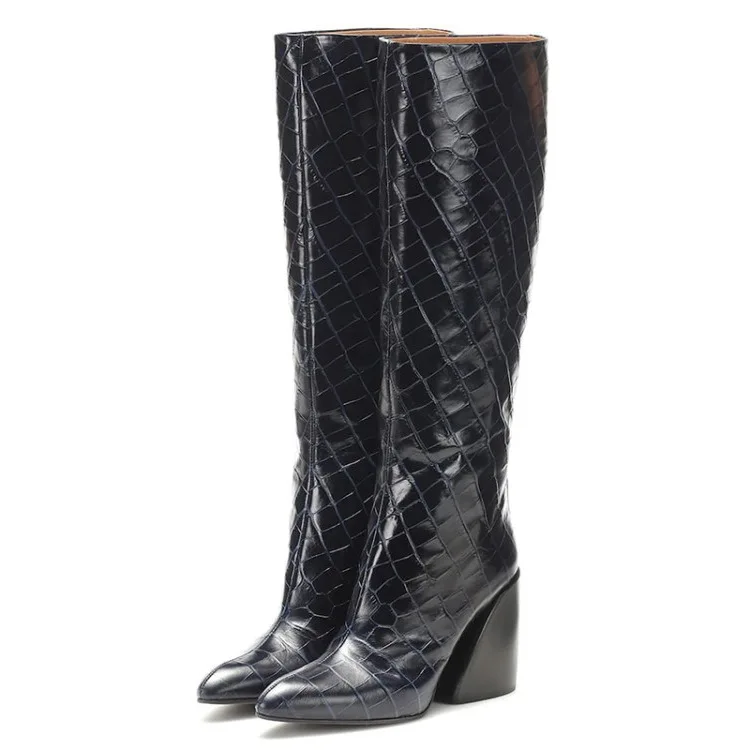 

Pointed Toe Botas Femininas Women Shoes Biker Knee High Boots Zipper Motorcycle Chaussure Femme Chunky Heels Pumps Botte Femme