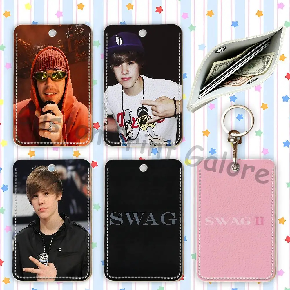 J-Justin JB B-Bieber Leather Card Holder Pouch Keychain Coin Purse Rectangle ID Card Case Textured Pattern