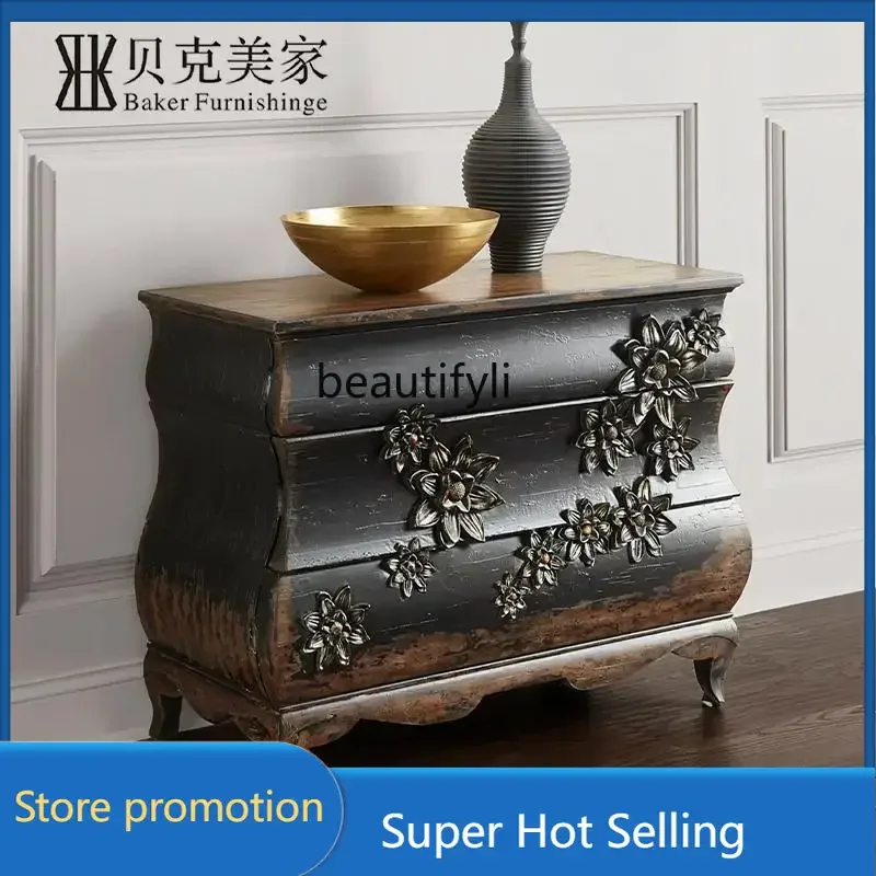 

G53 Carved classic black shabby American bedside table retro solid wood porch decorative cabinet