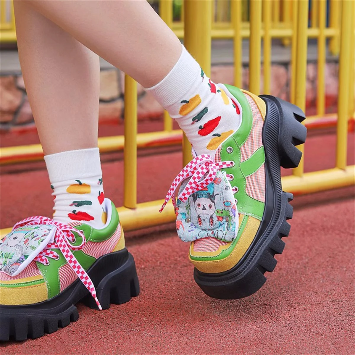 

Japanese Kawaii Girls Shoes Comfortable Round Head Thick Bottom Grid Cotton Doll Sweet Lacing Strap Pu Splicing 5.5cm Shoes