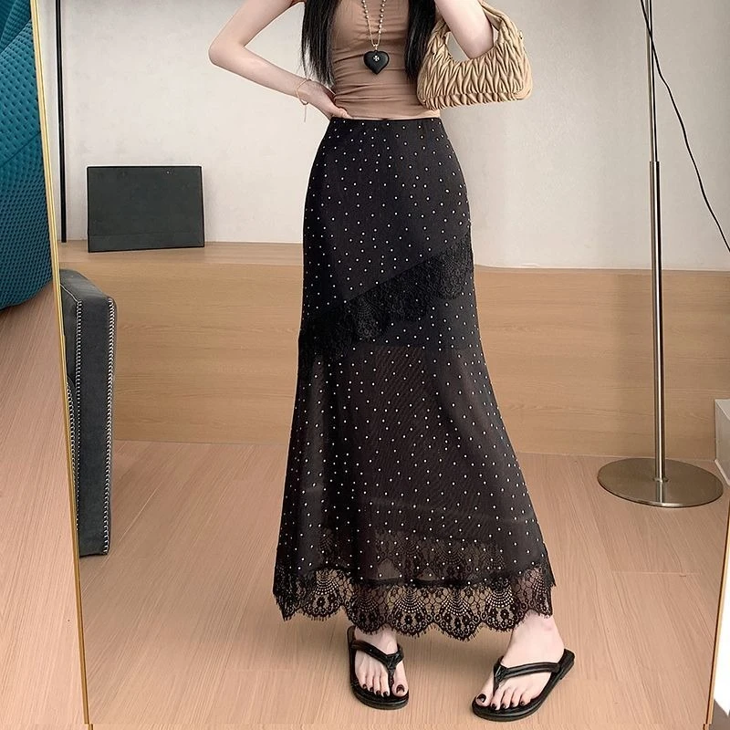

Lace Patchwork Polka Dot Midi Skirt for Women's Summer New Style Temperament, High Waist Slimming Fashion Casual Long Skirt