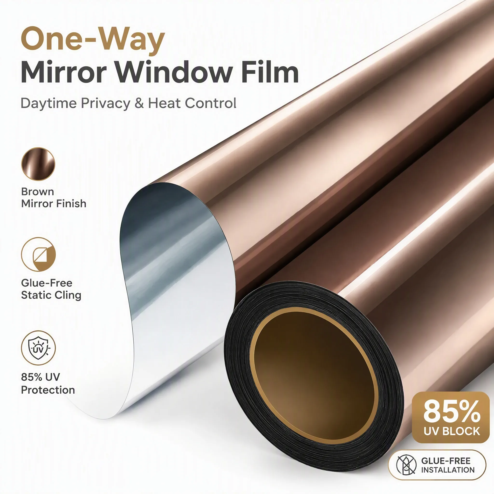 Brown Static Cling One Way Mirror Window Film Solar Tint Privacy Glass Sticker with Silver Back Anti UV Heat Insulation for Home