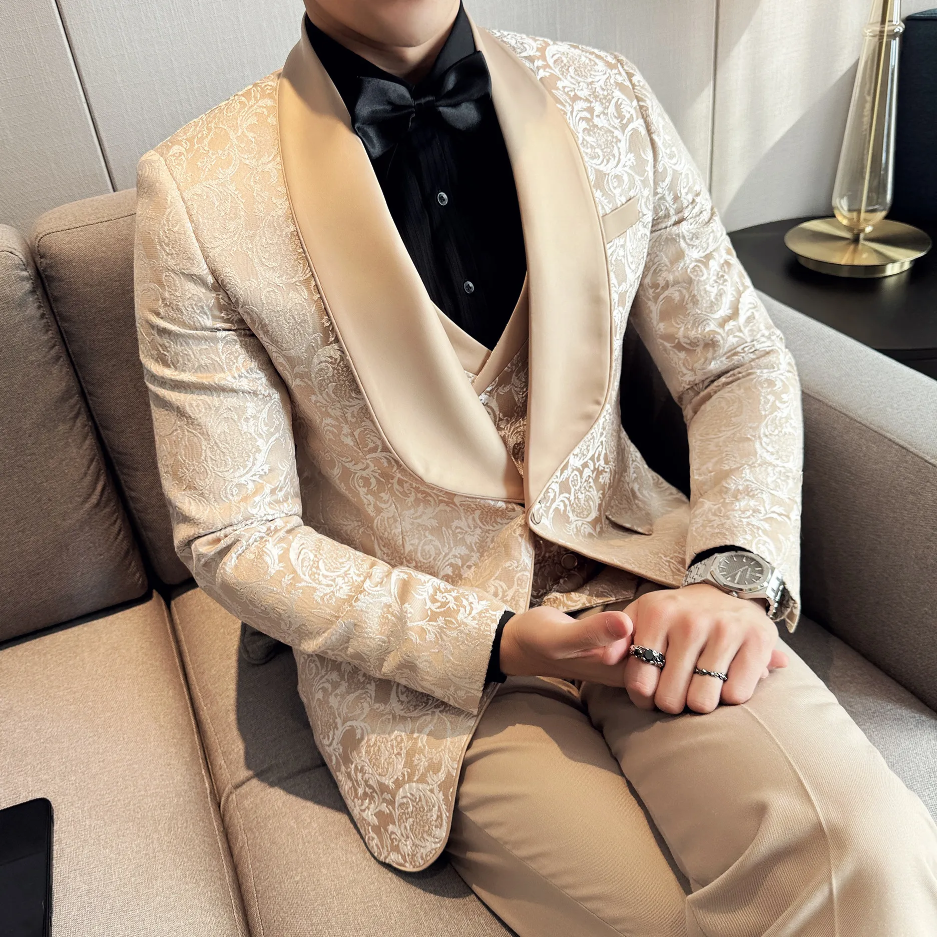 

High-end party business spring new three-piece suit and dress set with high-density jacquard wedding dress