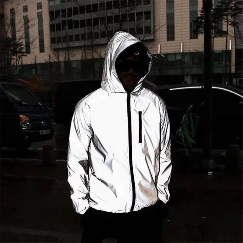 Night Warning Reflective Jackets with Chest Pocket Windproof Hooded Jacket Baggy Hip Hop Reflective Windbreaker Outdoor Hiking