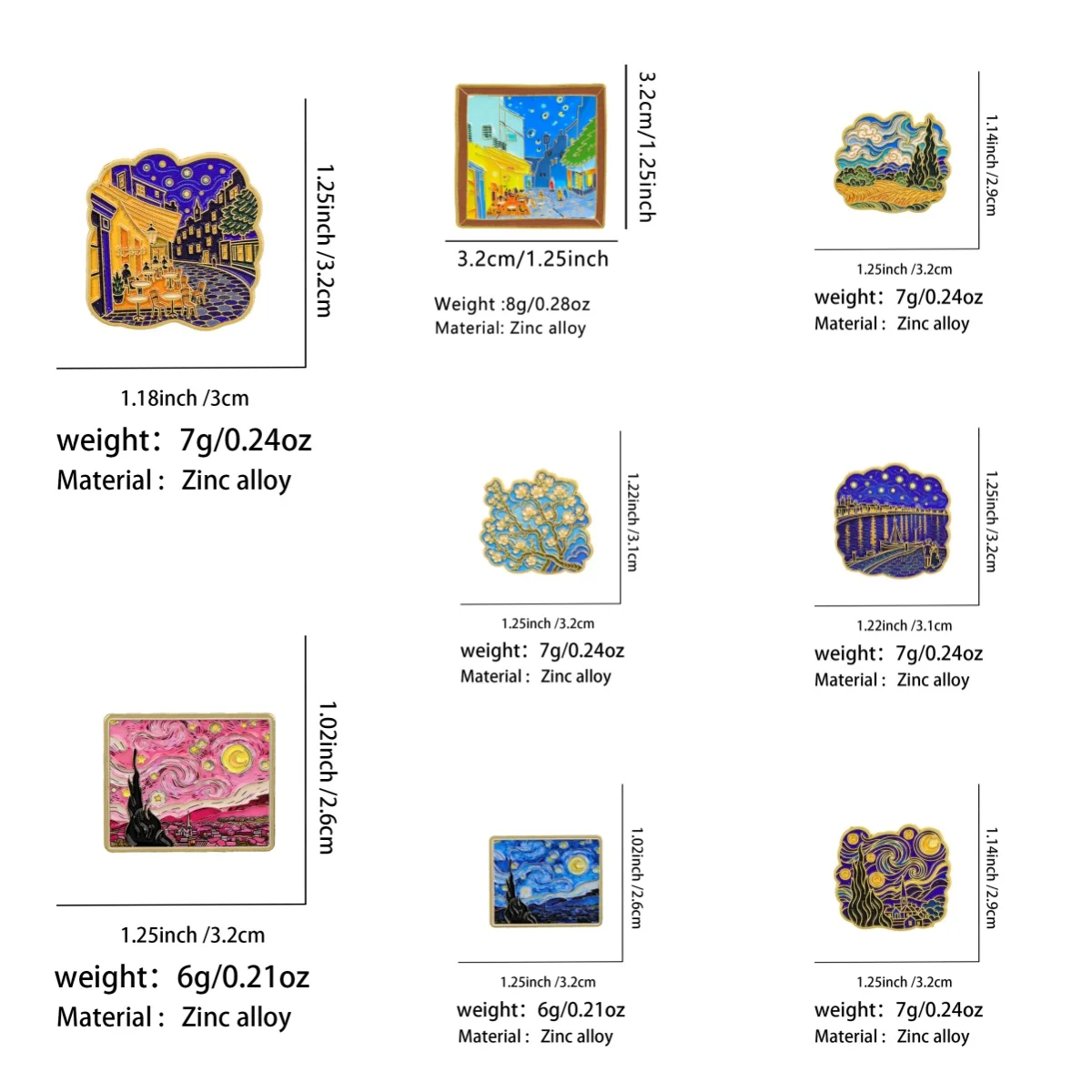 8-teiliges Van-Gogh-Kunst-Broschen-Set, Sternennacht-Metall-Emaille-Anstecknadeln, Abzeichen für Rucksack, Kleidung, Accessoires, Schmuck, Geschenk für Freunde – Detail 1