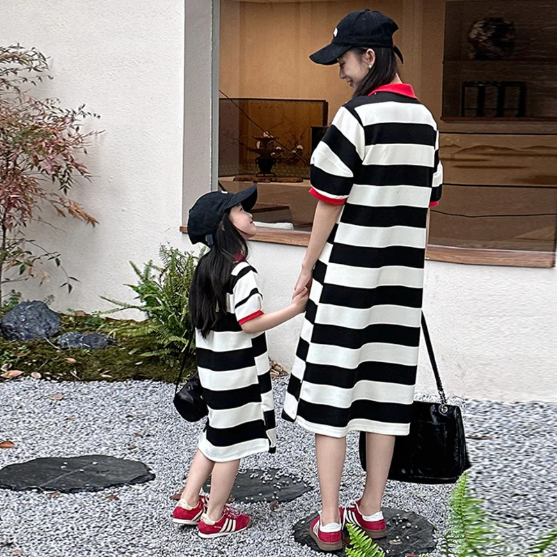 Mother-daughter Dress Parent-child Summer T-shirt Gown 2025 New Children's Striped Clothing Kids Girls Polo Shirt Loose Dresses