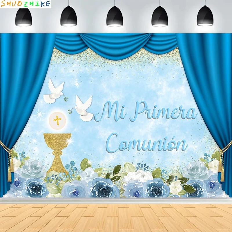 Mi Bautizo الزهور خلفية لفتاة المعمودية الذهب الصليب بوهو الأزهار يترك ديكور الذهب الترتر التصوير خلفية CR-01