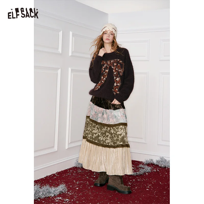 ELFSACK Y2K Vintage Pattern Section Patchwork Long Dress For Women