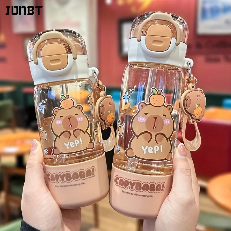 

Cute Capybara Water Bottle For Kids School Portable Double Drink Tritan Space Cup with Handle Straw Strap Juice Cup BPA-Free