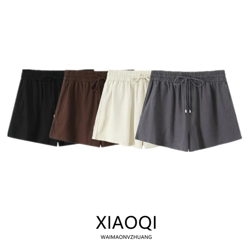 ลําลองผ้าลินินผสม orts ชุดชั้นในแฟชั่นสตรี Sle กางเกงมุมแบนฤดูร้อน 2025 มาใหม่เรียบง่ายเดินทาง Sle หลวม...