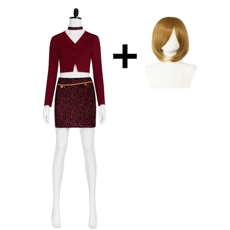 Disfraz de enfermera María, disfraz de fan de película silencioso, abrigo rojo de terror, falda de leopardo sexy, traje de colina para fiesta x;2,f;5.n