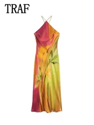 TRAF 2024 Women's Summer Retro Halter Fashion Tie-Dye Dress Bohemian Style Elegant Women's Sleeveless Dress