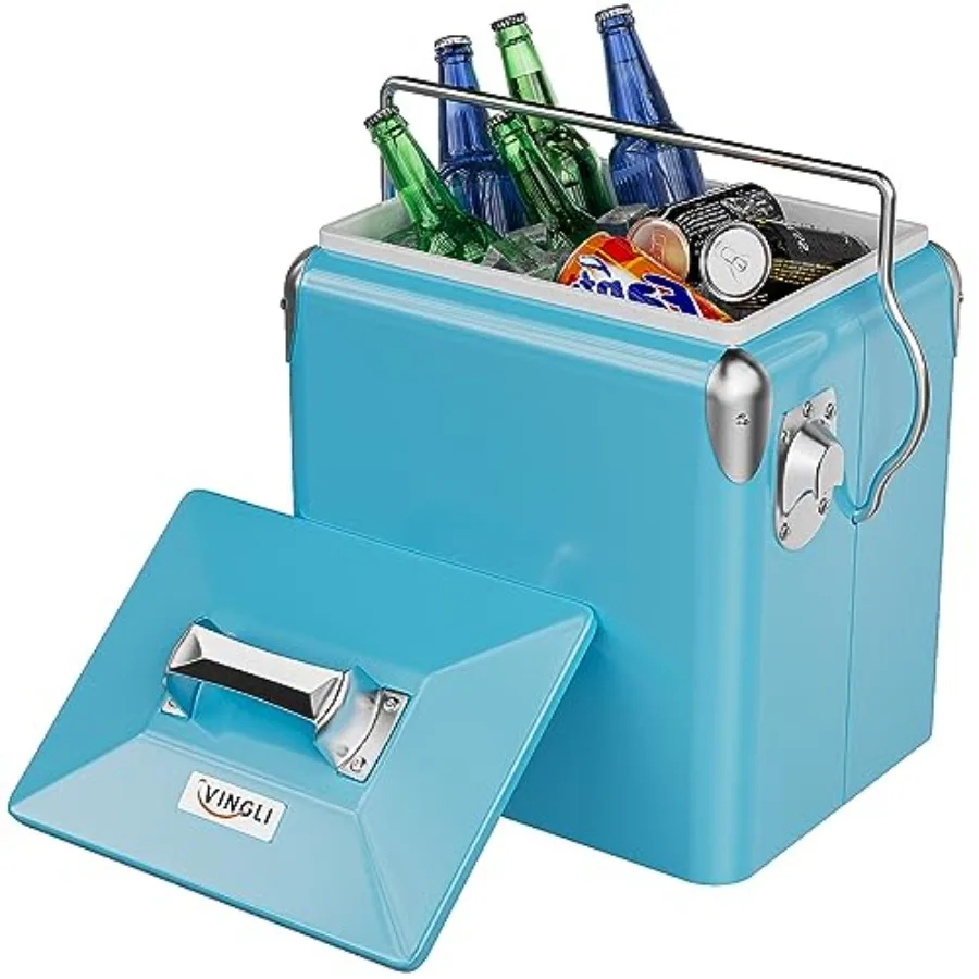 

14qt Small Insulated Portable Cooler Retro Vintage Classic Style Hard Metal Cooler for Barbeques Camping Fishing and Picnics