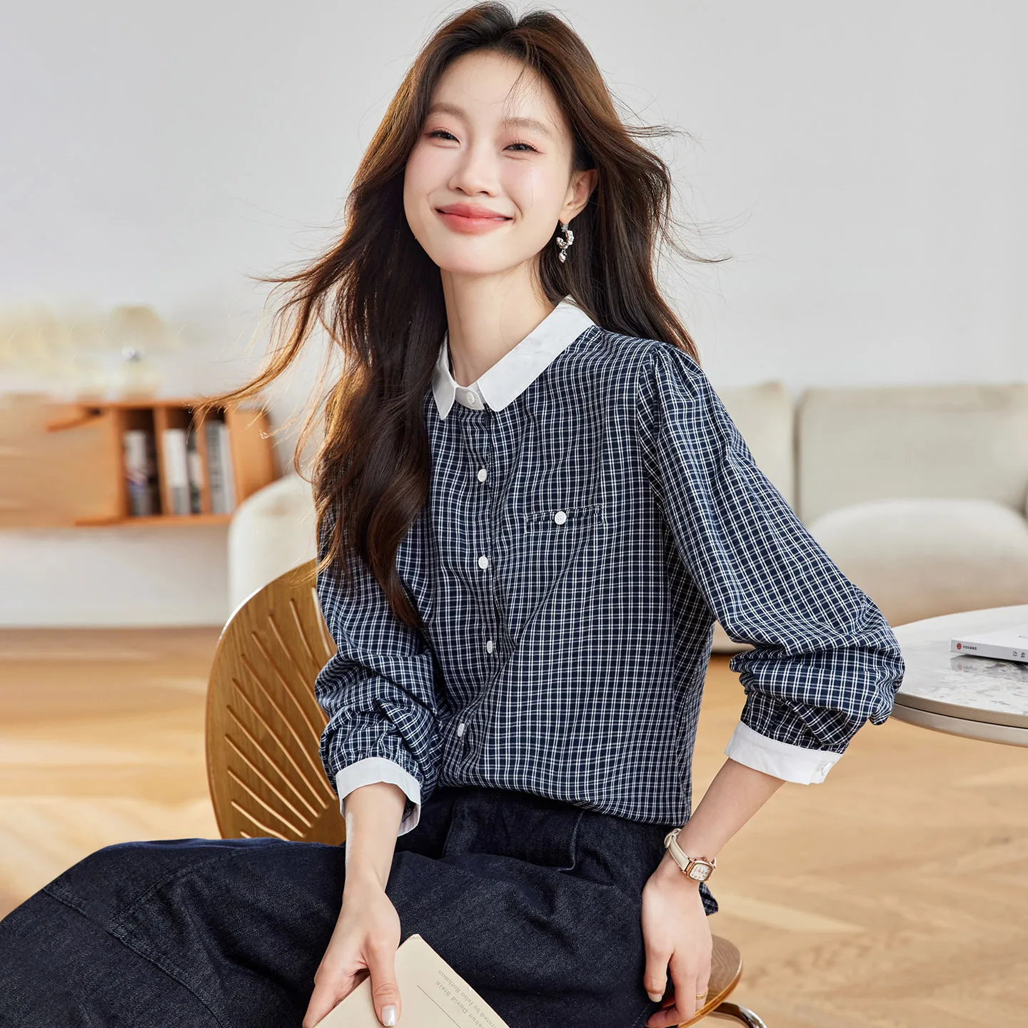 

Loose Cotton irt Women's Long Sve Plaid Color Blo Casual Sle Autumn New Arrival Faionable Versatile Modern Wind