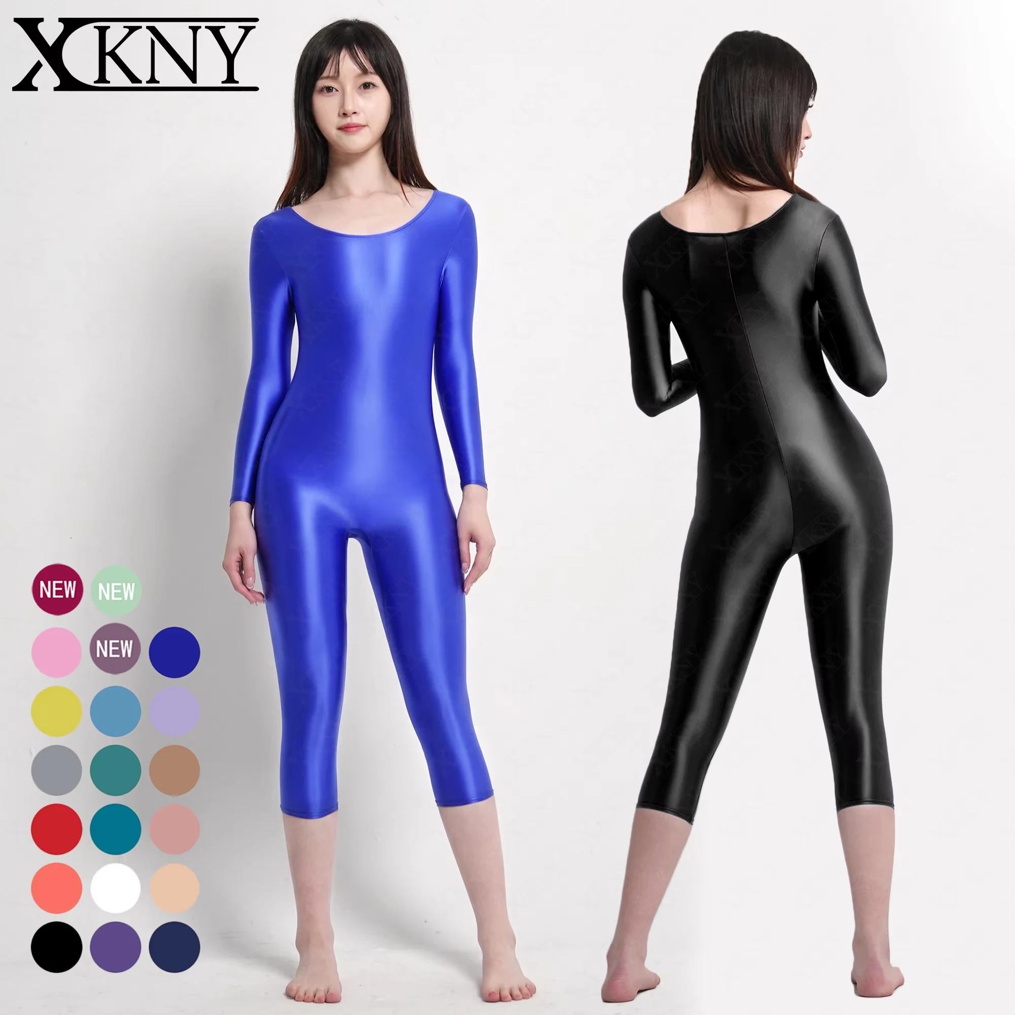 

XCKNY satin glossy tights oily silky round neck suit Yoga Leotards long sleeved 7-point length pants tights unisex swimsuit