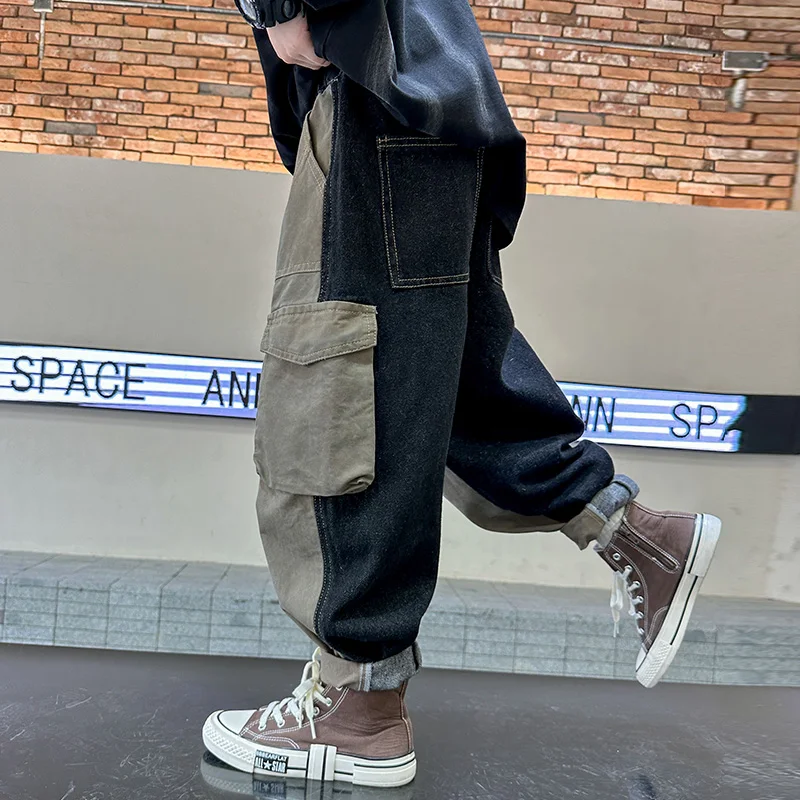 

Cool Trendy Kids Workwear Casual Pants Spring Autumn Style Patchwork Boys Middle Large Children Sporty Loose Fit Straight Leg
