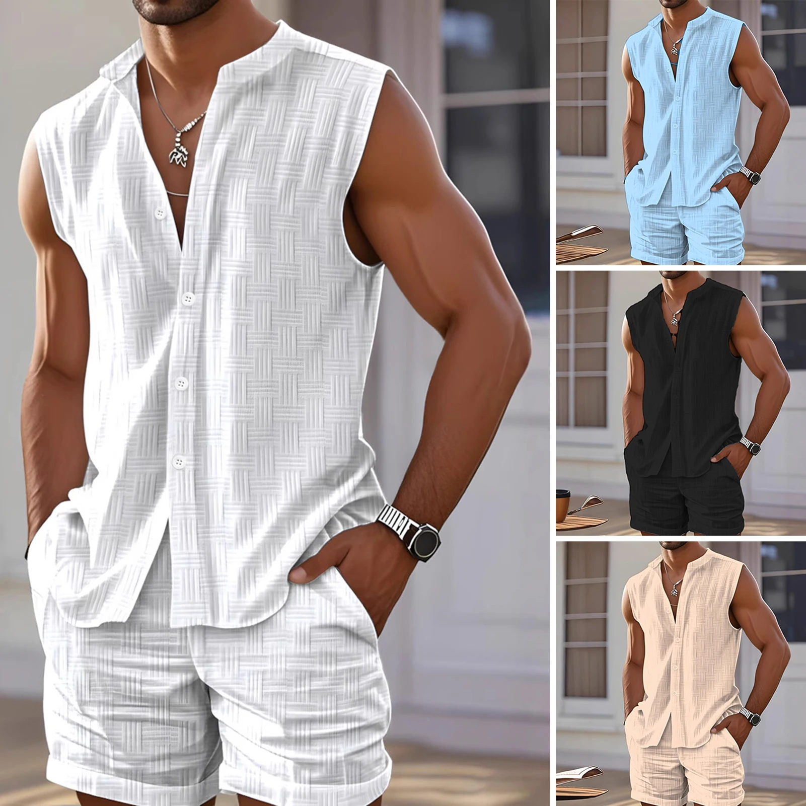 

2 pcs Sets Men's Summer Cotton Linen Shirt and Shorts Cardigan Simple Casual Beach Shirts Comfortable Hawaii Wear