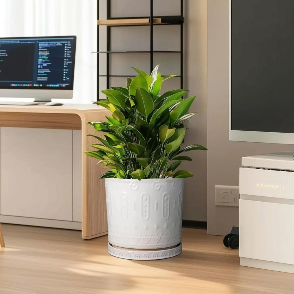 

Большой 12-дюймовый керамический горшок для растений с дренажными отверстиями и блюдцем - современный домашний и наружный цветочный горшок для сада, офиса, патио