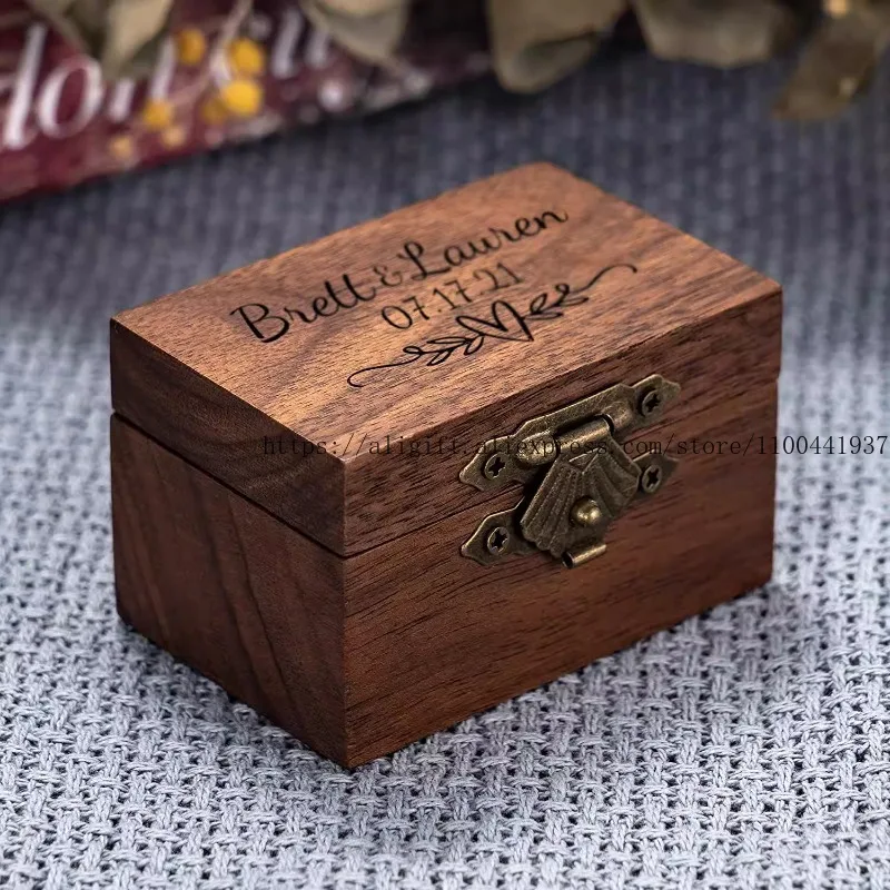 

Vintage Wooden Ring Box - Personalized Name Date Jewelry Case Custom Logo Keepsake Gift for Anniversaries Special Dates